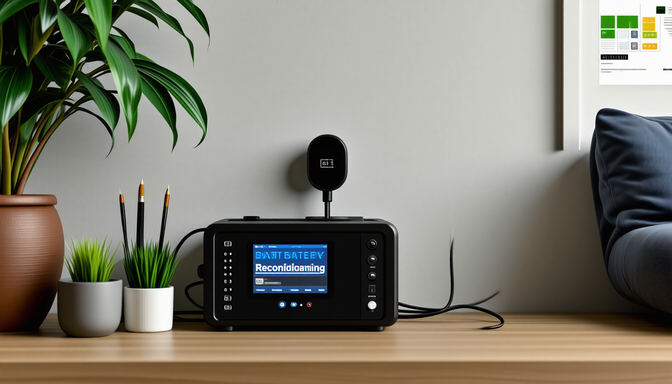 A tidy modern home interior with a battery backup powering everyday d… for battery reconditioning equipment